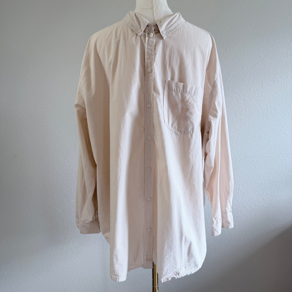 American Eagle Mens Tan White Striped Tenniscore Embroidered Logo Shirt Large